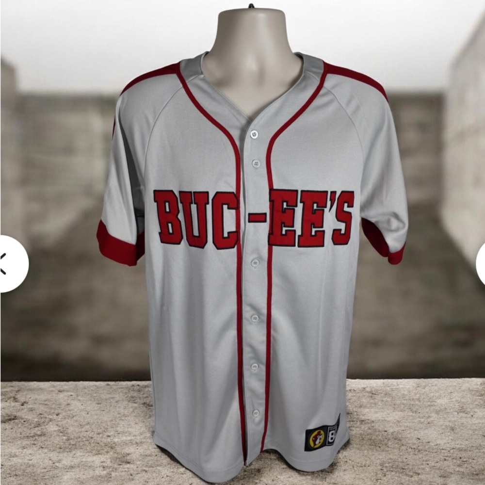NWT adults Buc-ee's Gray and Red Baseball Jersey